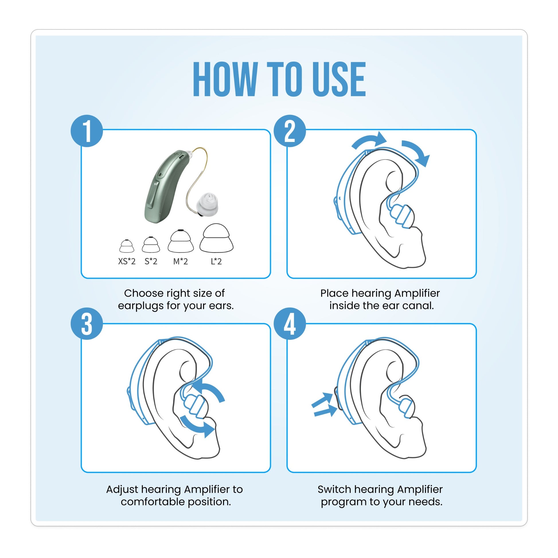 Clarity Pro Hearing Amplifiers – Discreet, Rechargeable with Noise Reduction - jdhealthtech How to use infographic