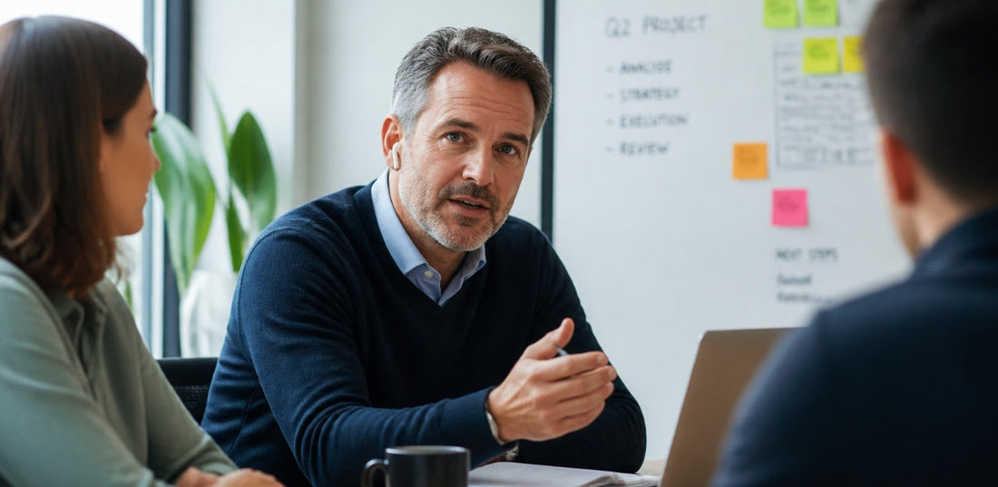 A smart male in his mid 50's sat in a meeting wearing airpods