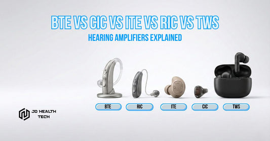 Comparison graphic of different personal sound amplifier form factors, including behind-the-ear, in-the-ear, completely-in-canal, receiver-in-canal and true wireless earbud-style.