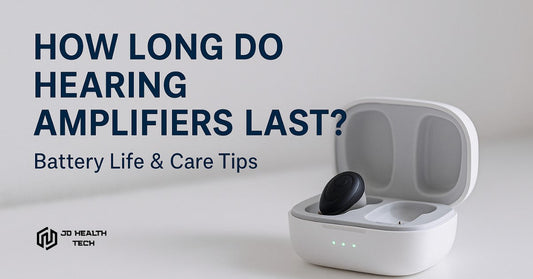 Rechargeable hearing amplifier charging in its case on a clean white surface.