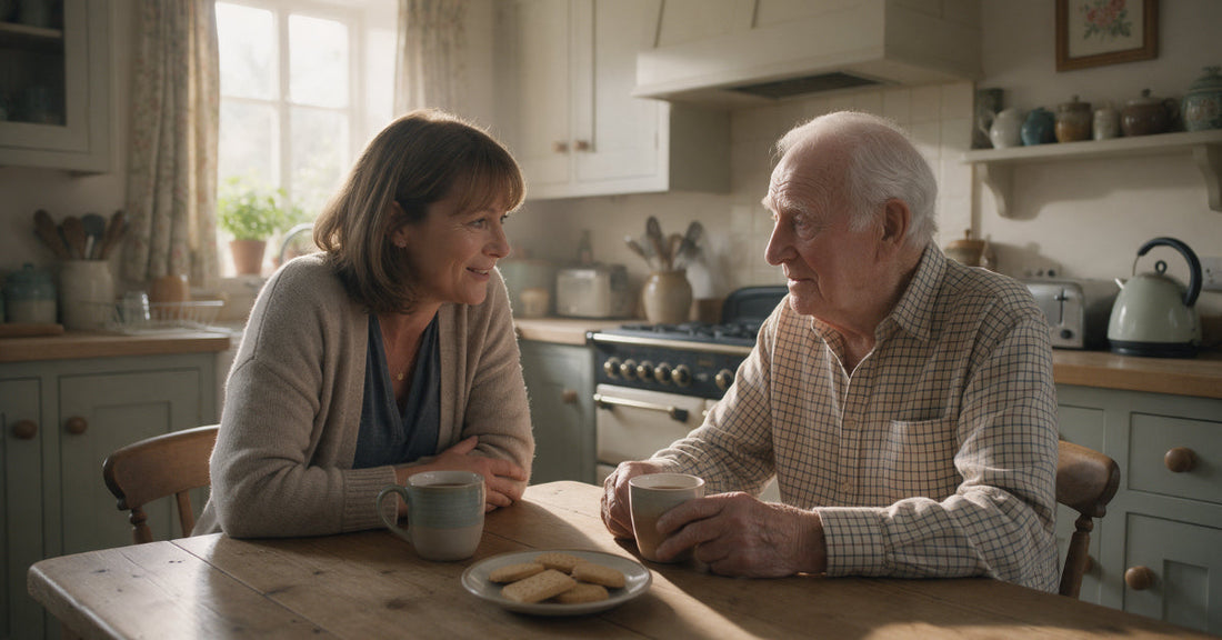 Woman and her elderly father talking over tea at a kitchen table about a hearing amplifier for an elderly parent.