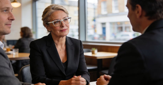 Confident woman in her 50s engaging in a meeting, representing discreet everyday hearing support
