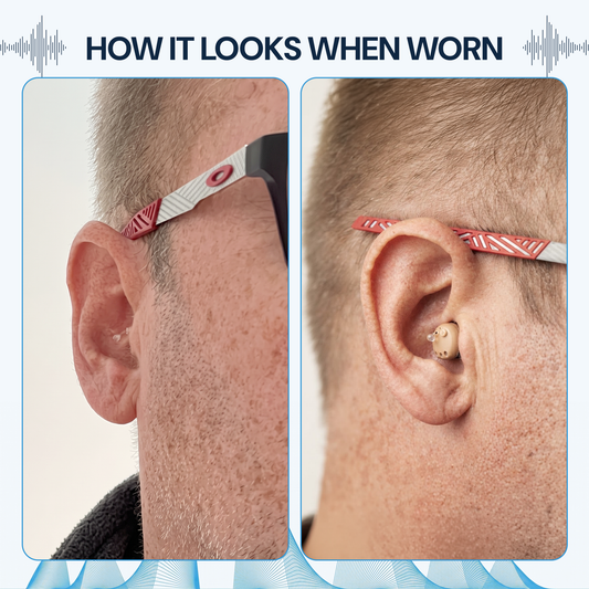 Two close-up panels show a man wearing hearing amplifiers in-ear device showing how it looks when worn.
