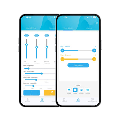 Forsound app screenshots showing hearing calibration and settings for Clarity Pro Micro CIC