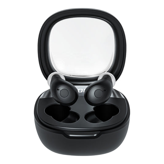 Black wireless Bluetooth hearing amplifiers in a charging case on a white background 2 earbuds out of the case