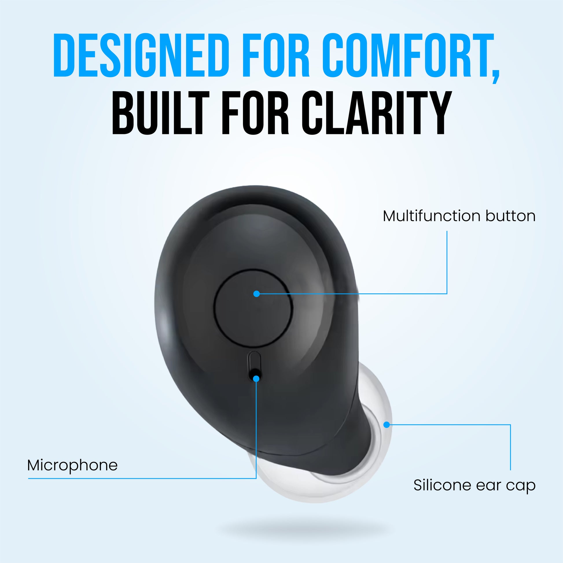 Black wireless Bluetooth hearing amplifiers anatomy