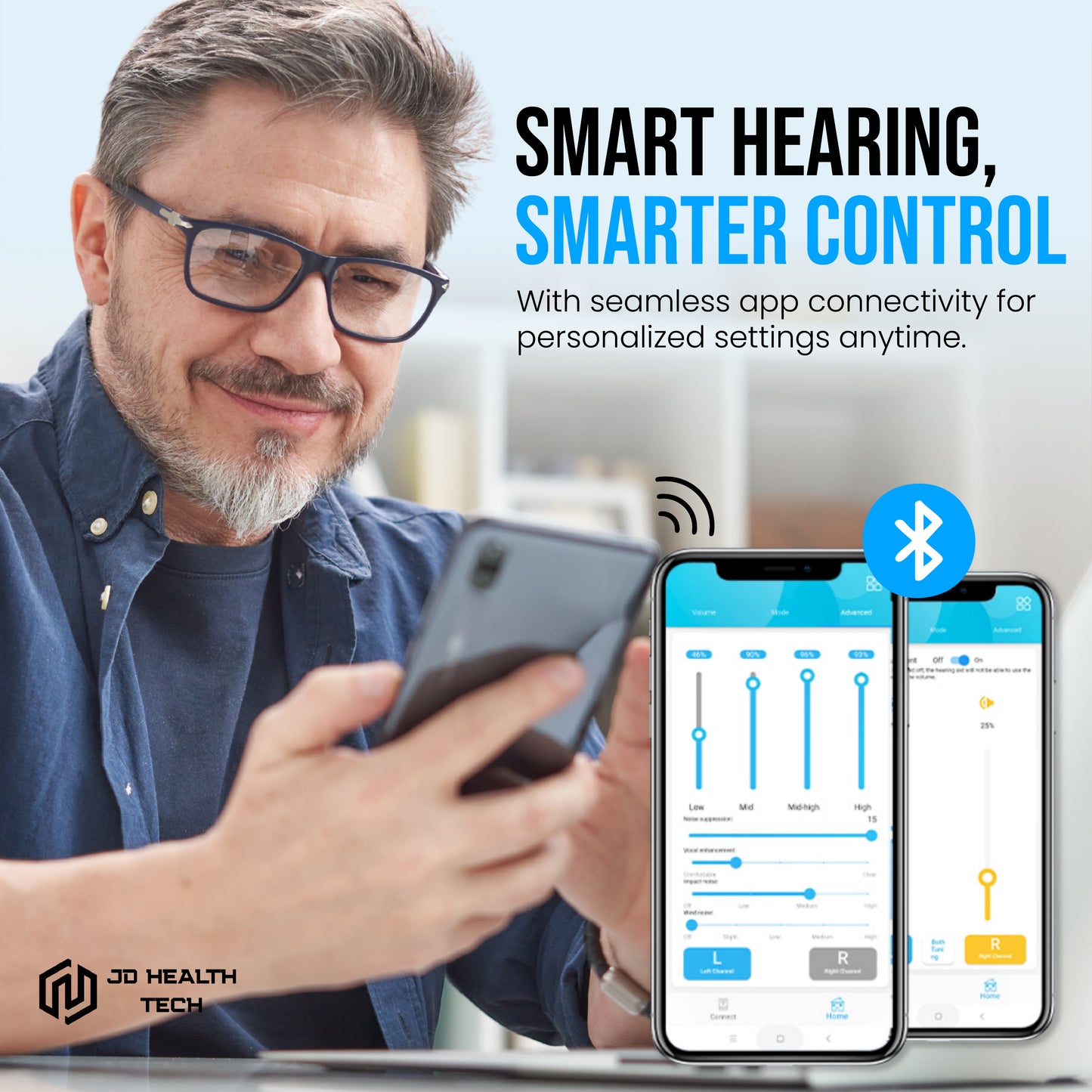 Black wireless Bluetooth hearing amplifiers app display