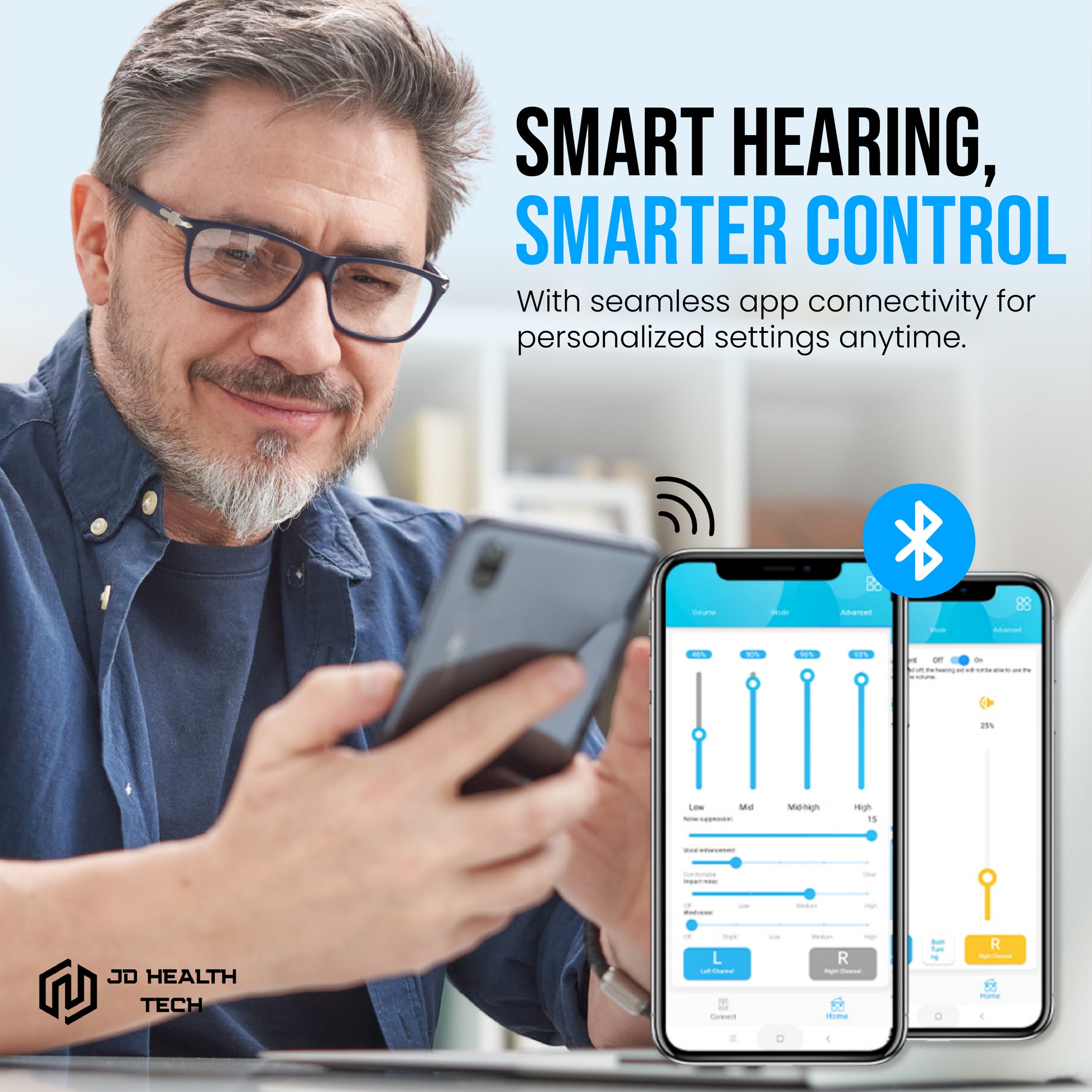 Black wireless Bluetooth hearing amplifiers app display