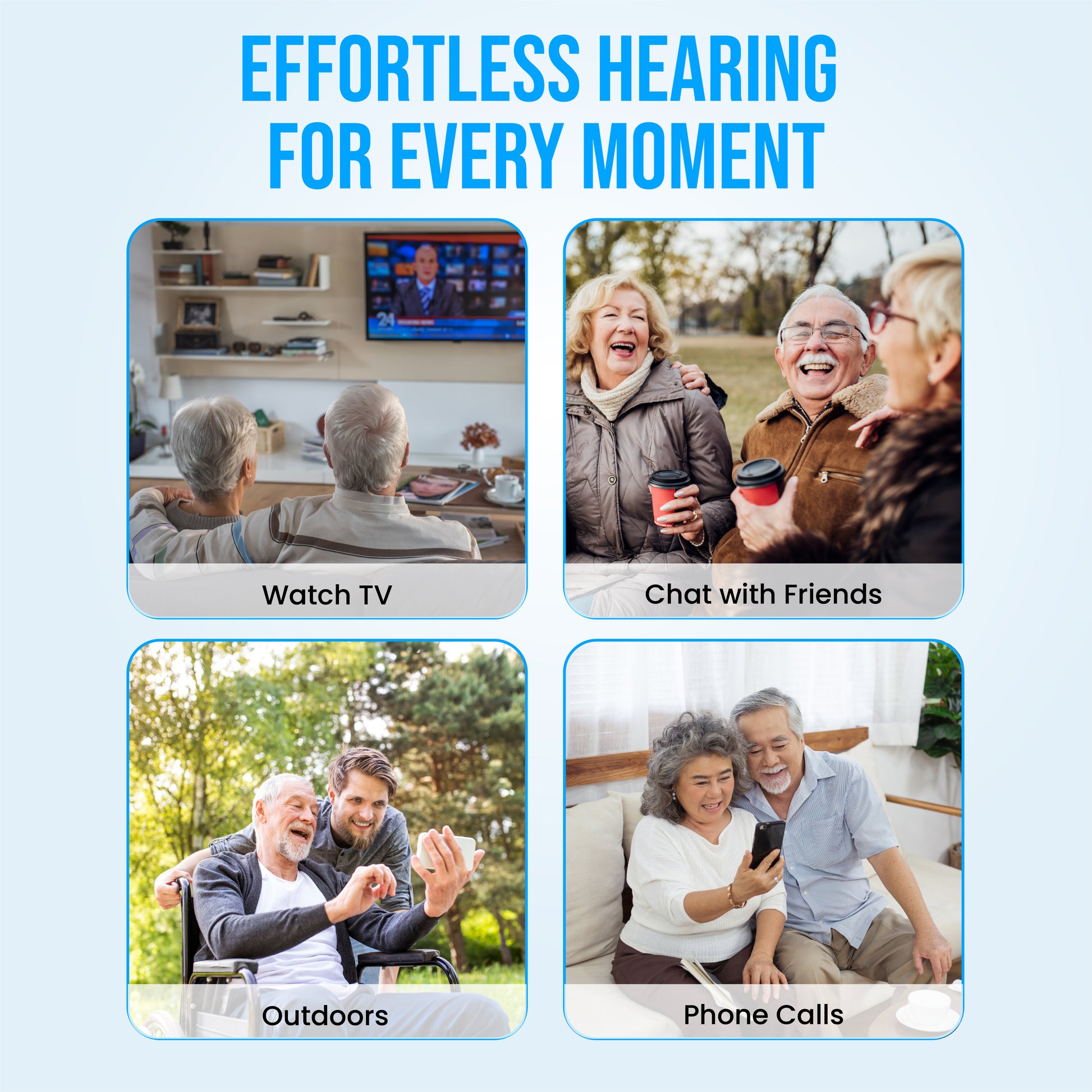 Black wireless Bluetooth hearing amplifiers infographic showing the environments it can be used in