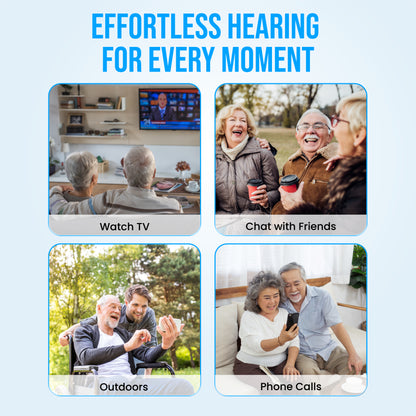 Black wireless Bluetooth hearing amplifiers infographic showing the environments it can be used in