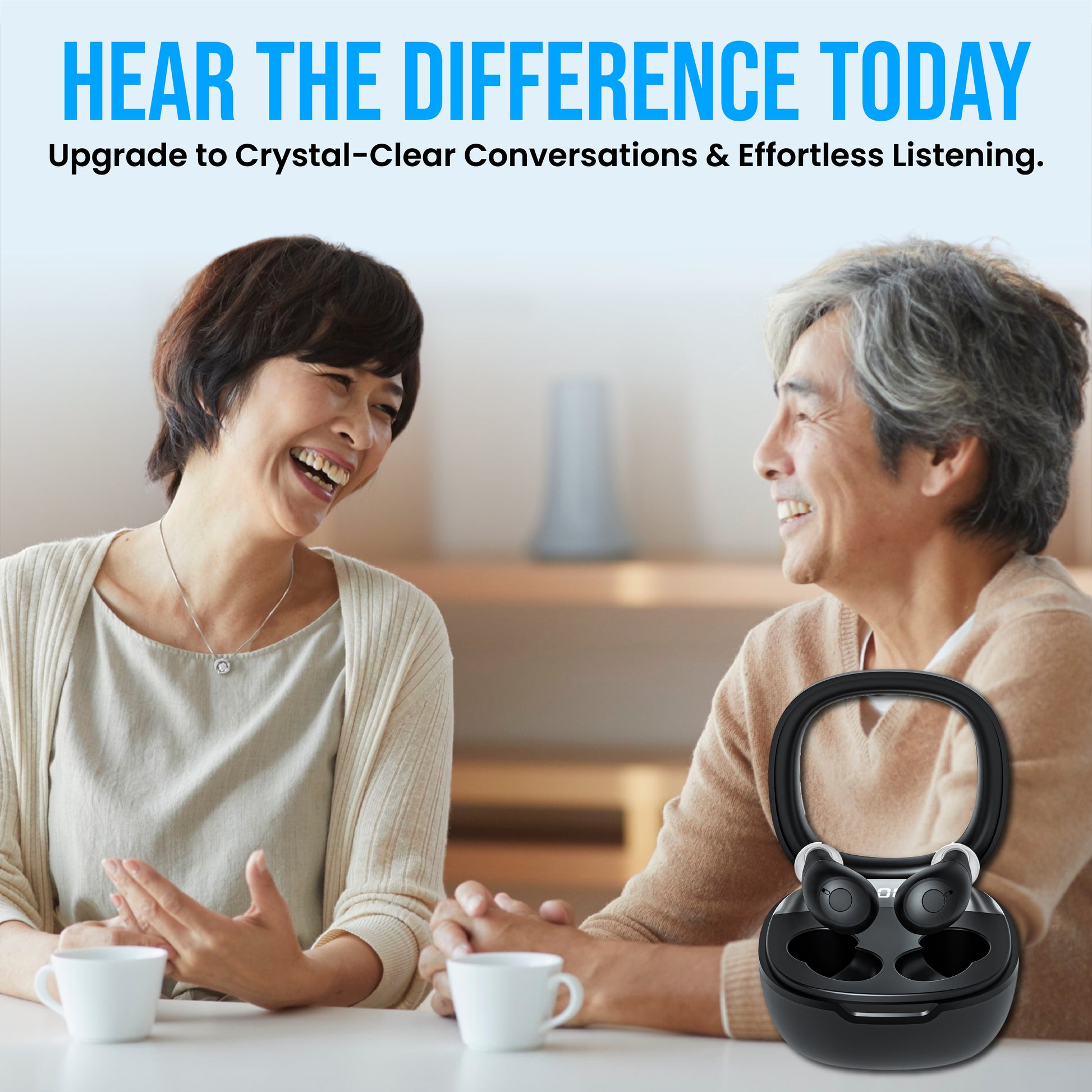 Black wireless Bluetooth hearing amplifiers hear the difference