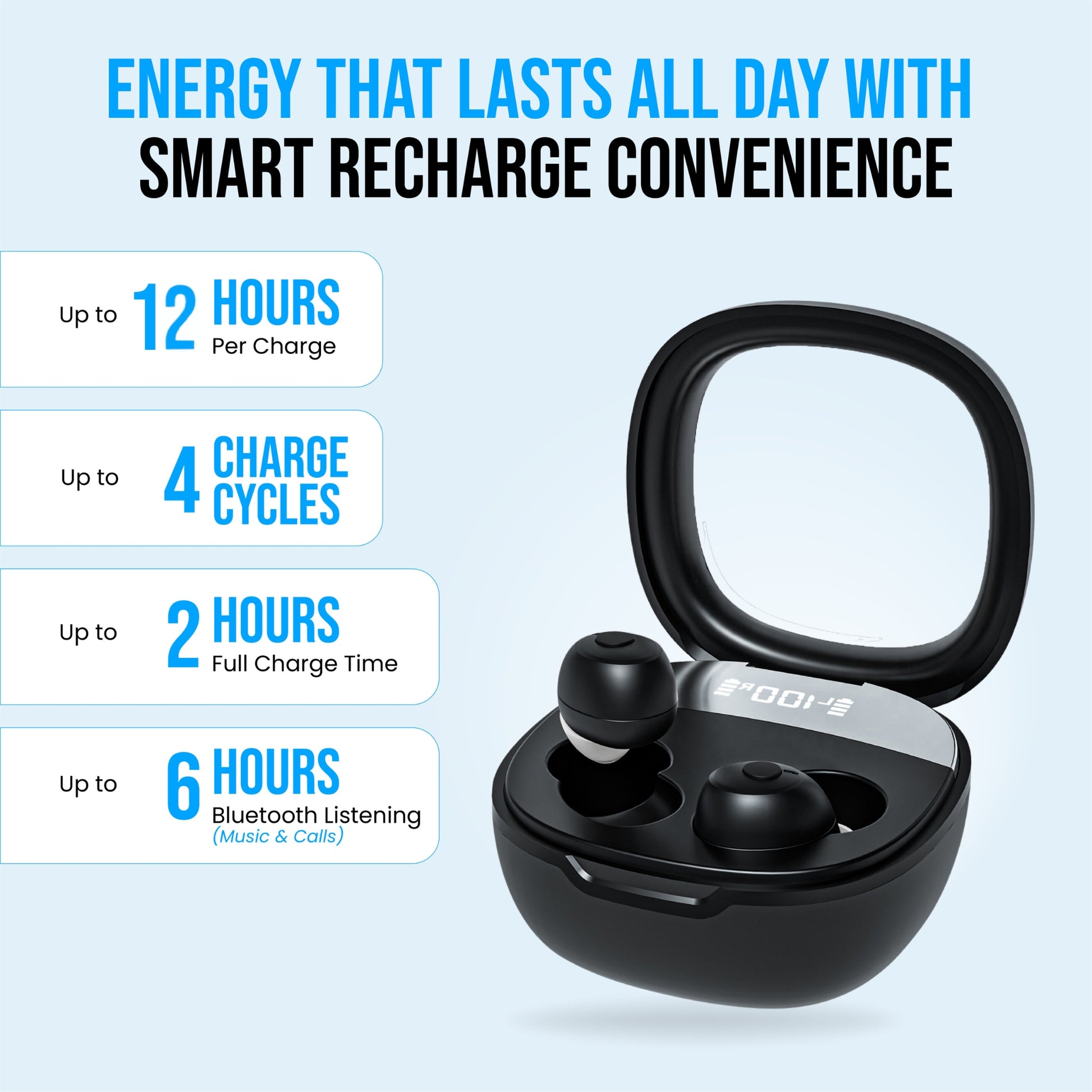Black wireless Bluetooth hearing amplifiers charging amplifiers timings infographic
