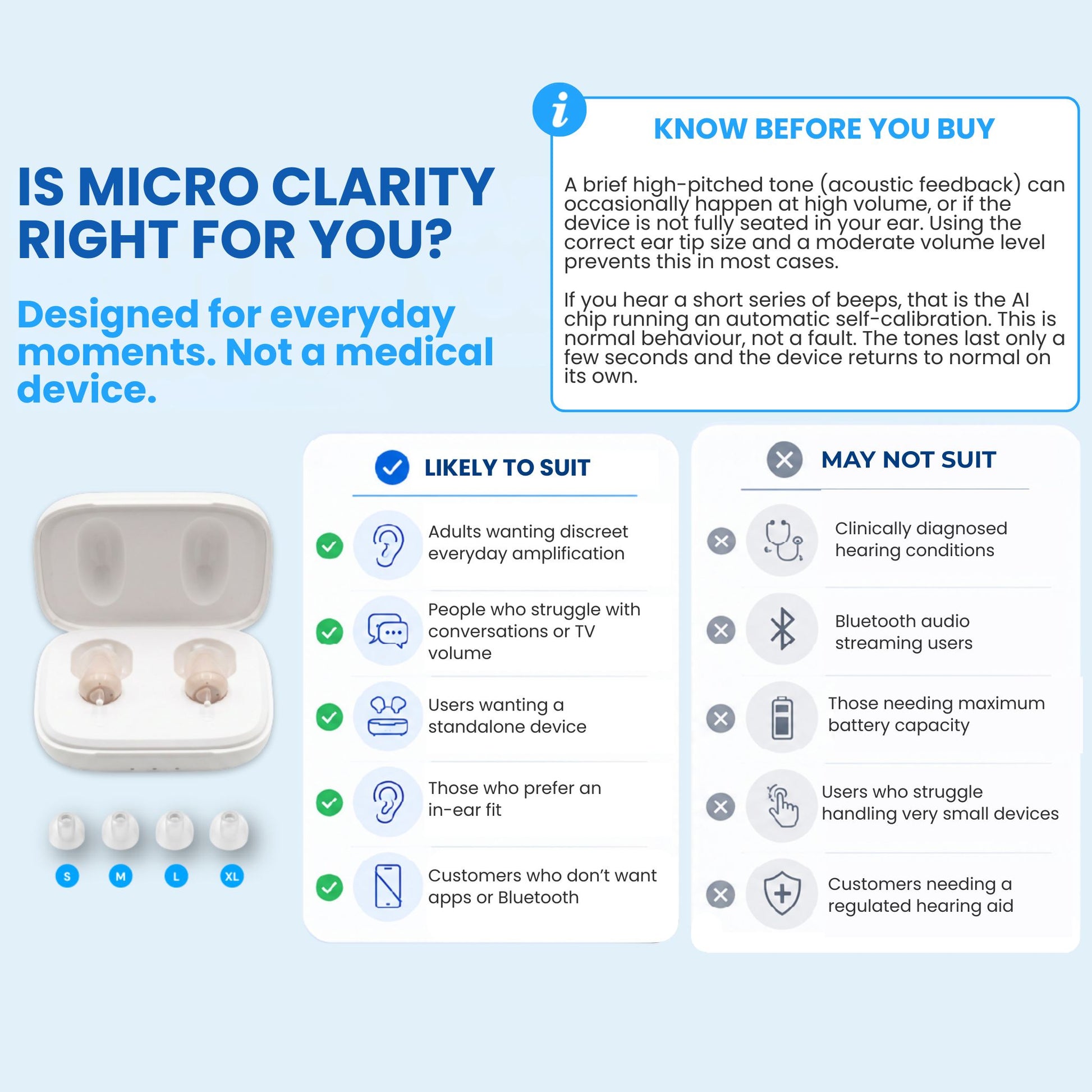 Micro Clarity CIC suitability guide: who it suits, plus a note that occasional beeps are normal self-calibration, not a fault.