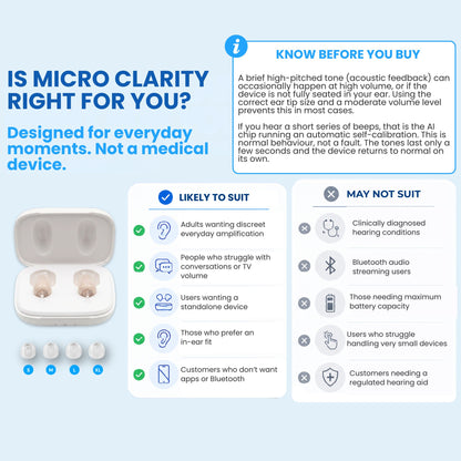 Micro Clarity CIC suitability guide: who it suits, plus a note that occasional beeps are normal self-calibration, not a fault.
