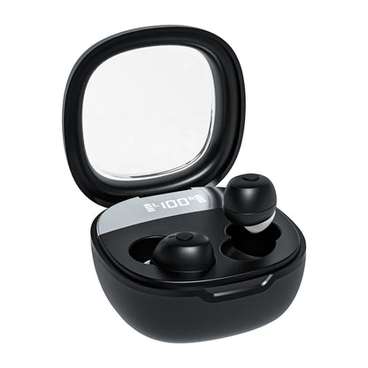 Black wireless Bluetooth hearing amplifiers in a charging case on a white background