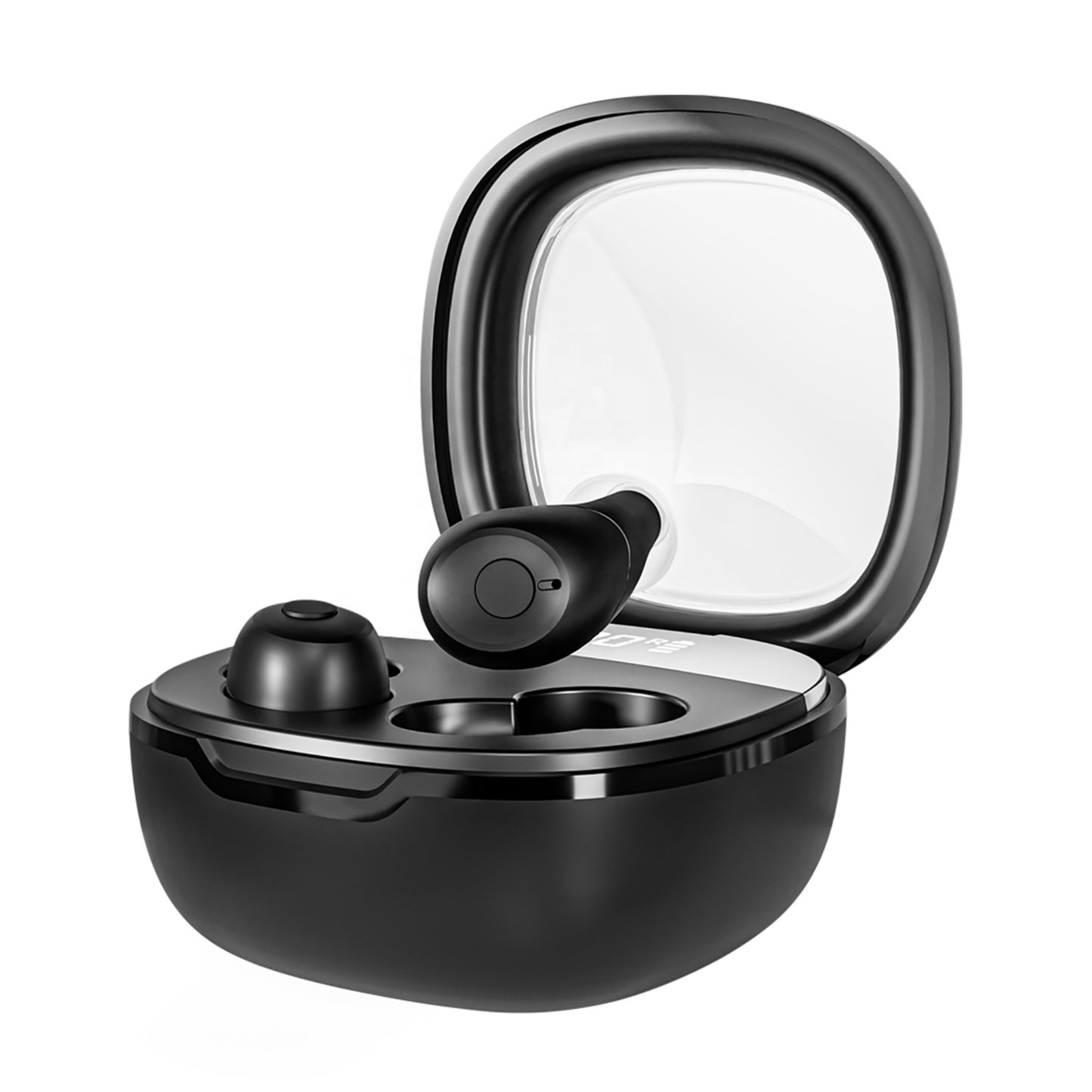 Black wireless Bluetooth hearing amplifiers one lifted out of the charging case