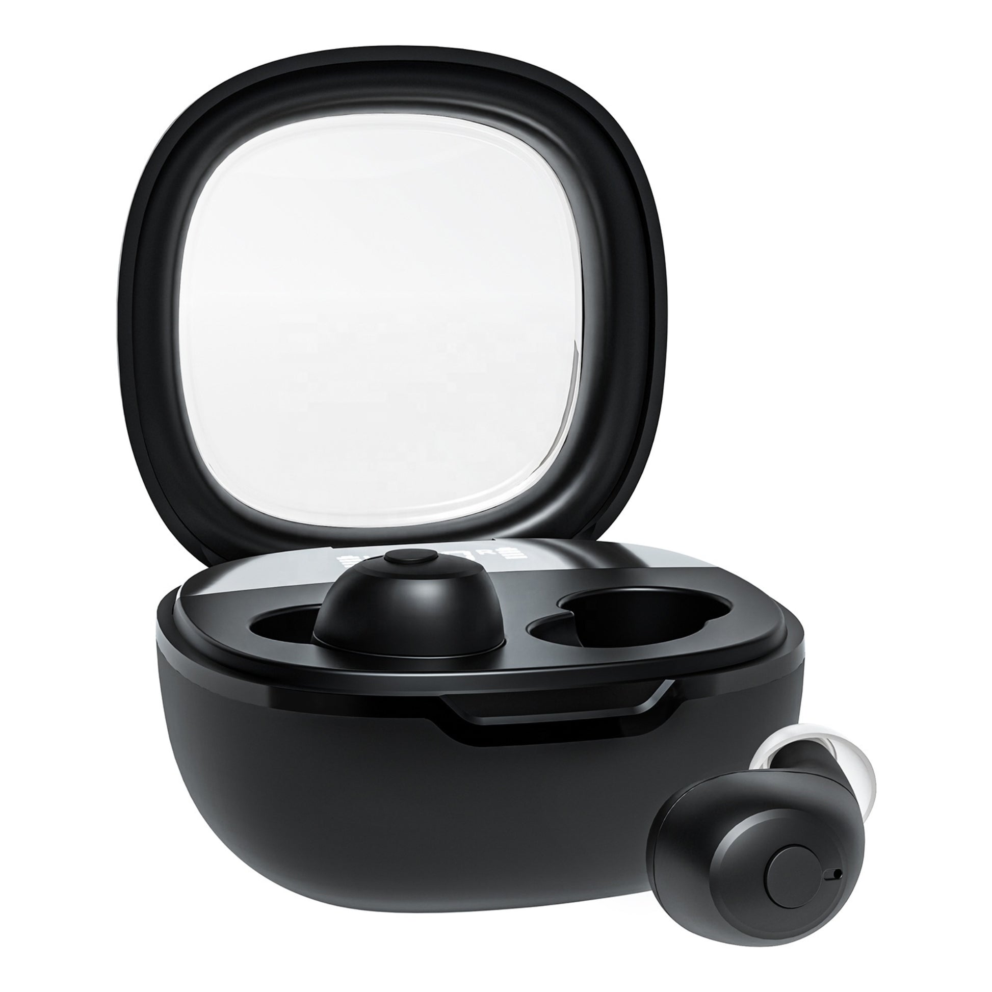 Black wireless Bluetooth hearing amplifiers one out of the charging case