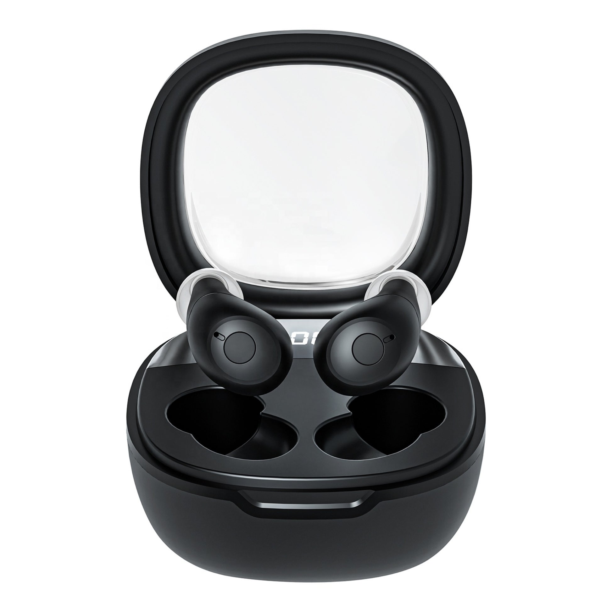Black wireless Bluetooth hearing amplifiers 2 amplifiers out of the charging case