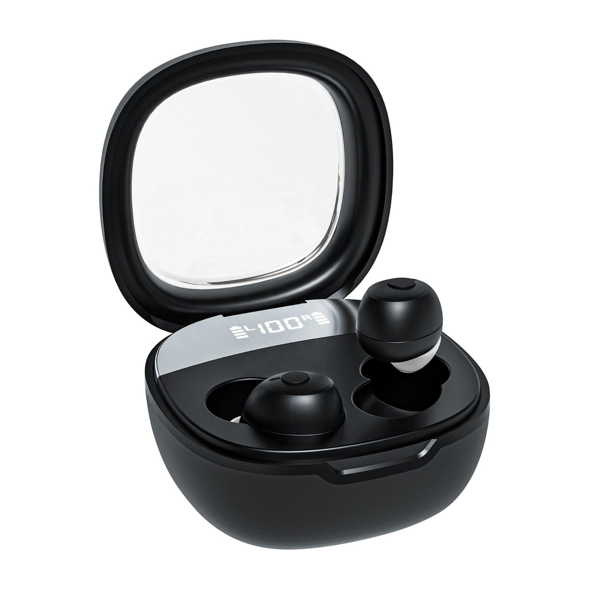 Black wireless Bluetooth hearing amplifiers one out of the case