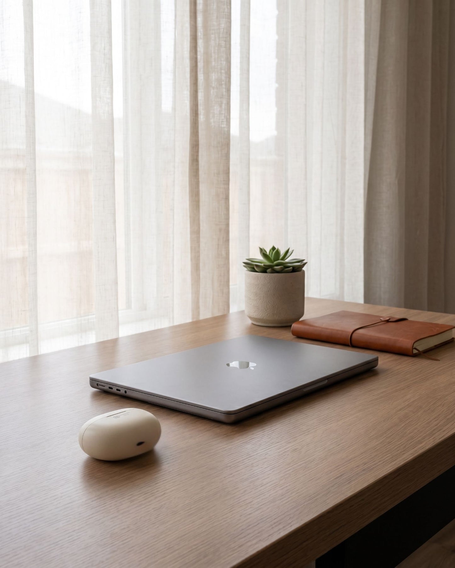 Clarity Pro Micro CIC hearing amplifiers on a desk next to a MacBook Pro
