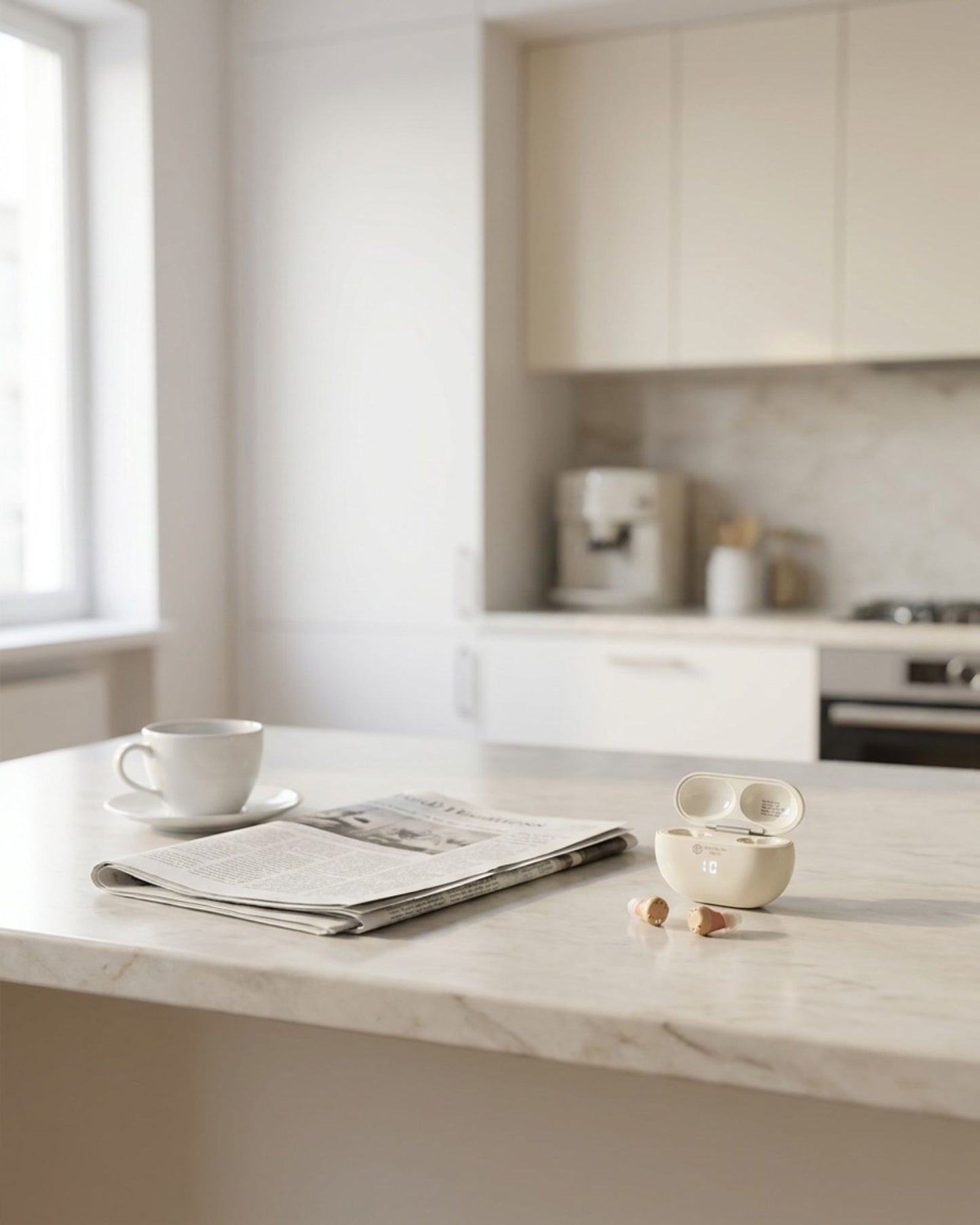 Clarity Pro Micro CIC hearing amplifiers placed on a kitchen island