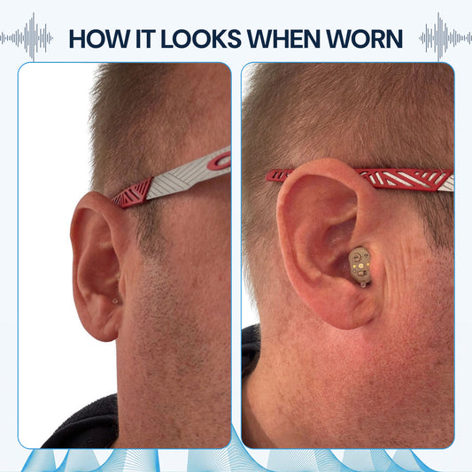 A side-by-side comparison showing a man's ear wearing a discreet hearing amplifier. Showing how the hearing amplifier looks when worn.