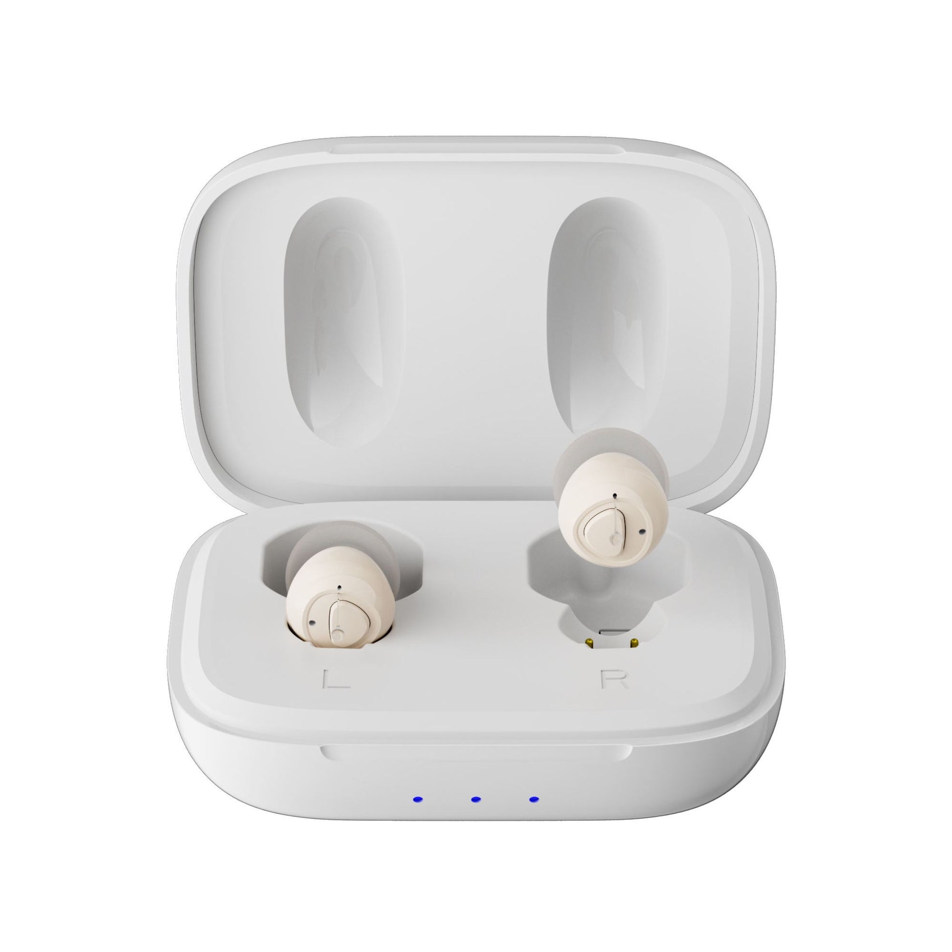 Beige wireless hearing amplifiers in a white charging case on a white background