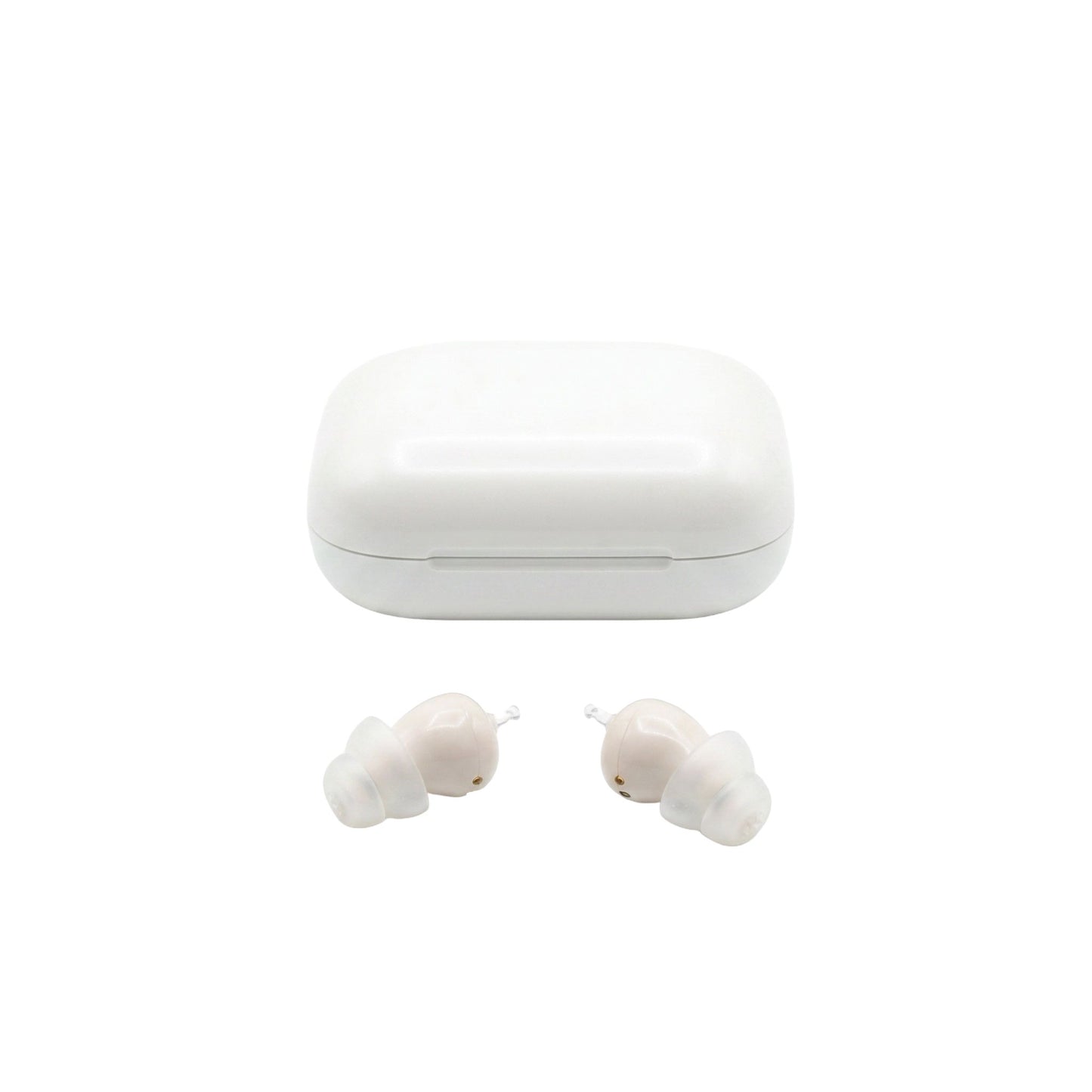 Beige wireless hearing amplifiers with a white charging case on a white background