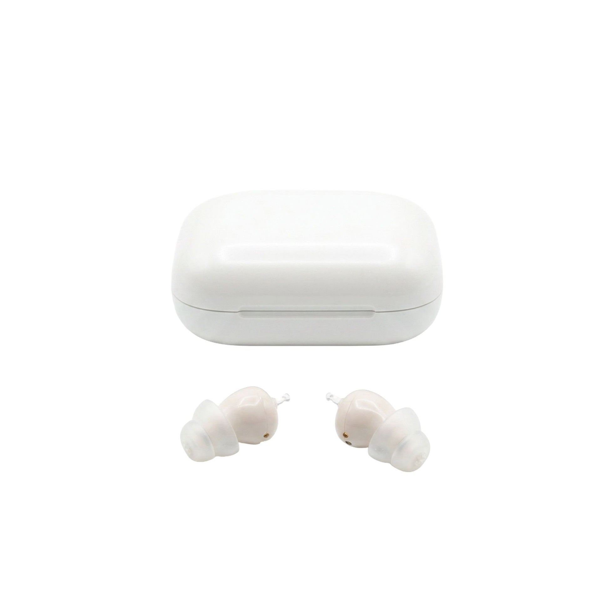 Beige wireless hearing amplifiers with a white charging case on a white background